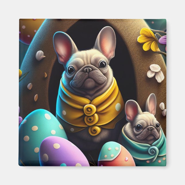 Adorable Pug with Easter Eggs A Festive and Cute Magnet (Front)