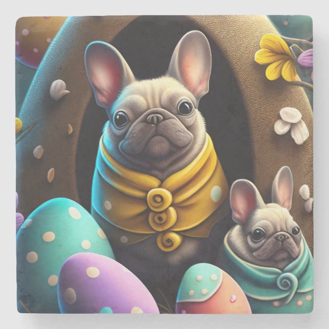 Adorable Pug with Easter Eggs A Festive and Cute Stone Coaster (Front)