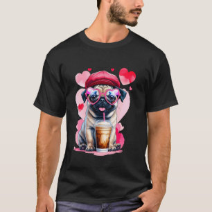 Adorable Pug with Heart Glasses and Iced Coffee T-Shirt