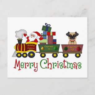 Adorable Pugs and Santa in Toy Train Tees, Gifts Holiday Postcard