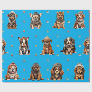 Adorable Puppies 1 Christmas Holiday on Blue Wrapping Paper