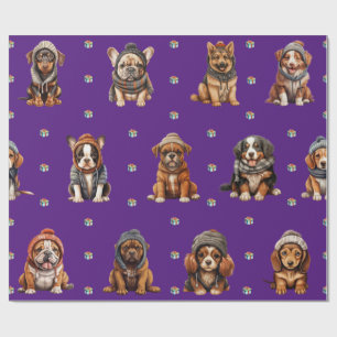 Adorable Puppies 1 Christmas Holiday on Purple Wrapping Paper