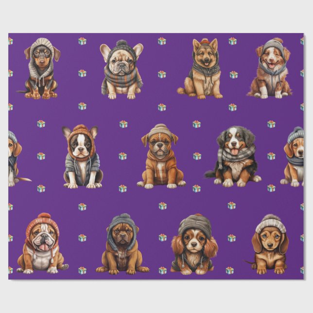 Adorable Puppies 1 Christmas Holiday on Purple Wrapping Paper (Flat)