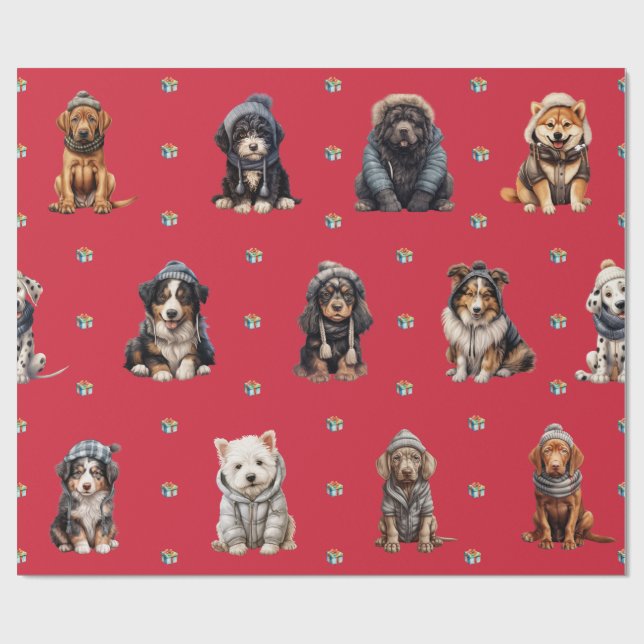 Adorable Puppies 4 Christmas Holiday on Red Wrapping Paper (Flat)