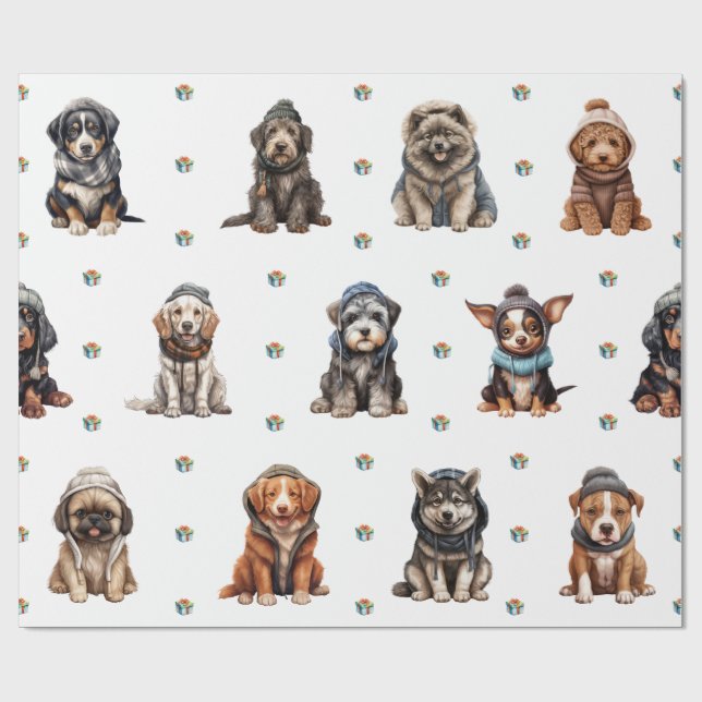Adorable Puppies 8 Christmas Holiday on White Wrapping Paper (Flat)
