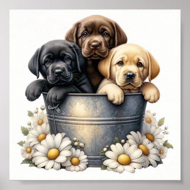Adorable Puppies In A Flower Pot Wall Poster  (Front)