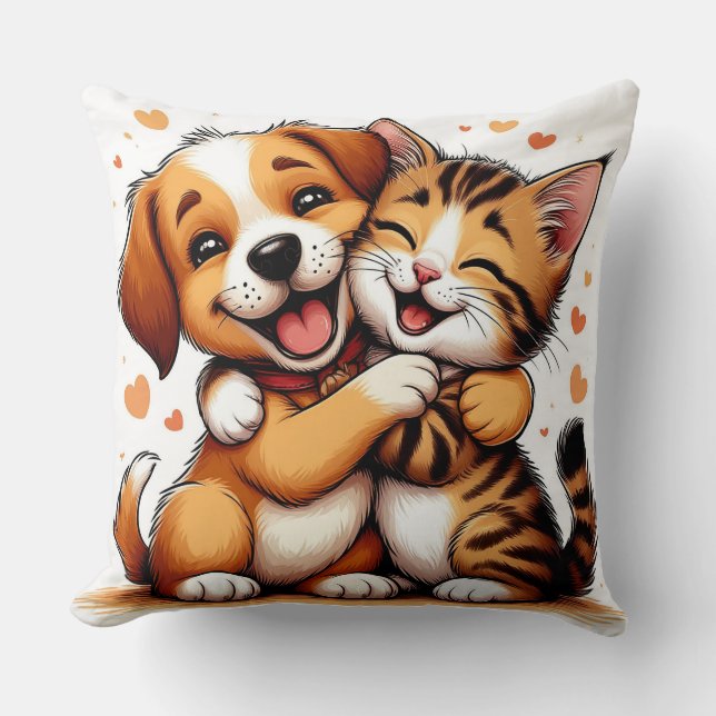 Adorable Puppy and Kitten Hugging with Warm Smiles Cushion (Front)