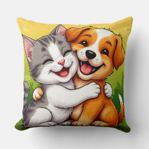 Adorable Puppy and Kitten Hugging with Warm Smiles Cushion