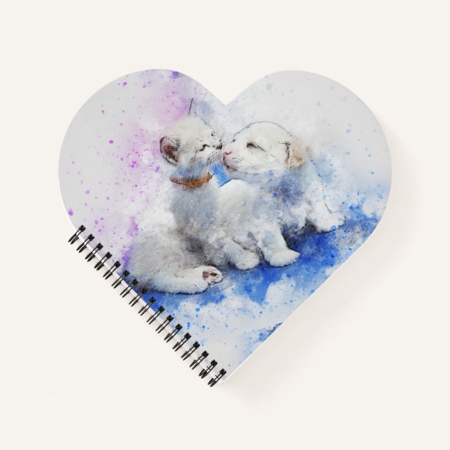 Adorable Puppy and Kitten Kiss Paint Splatter Notebook (Front)