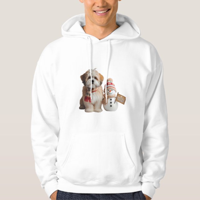 "Adorable Puppy and Snowman Winter Hoodie (Front)