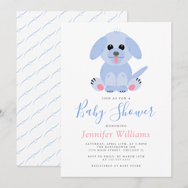 Adorable Puppy Blue Personalised Baby Boy Shower Invitation (Front/Back)
