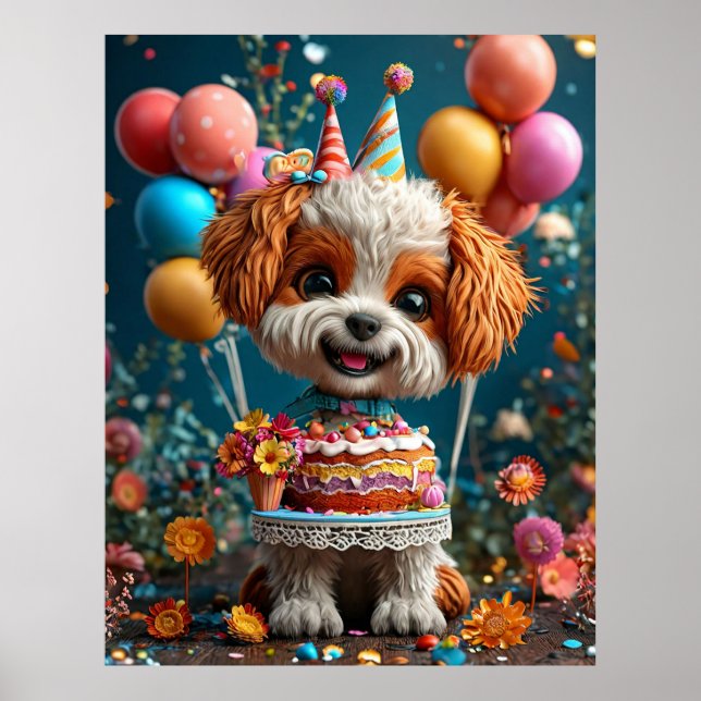 Adorable Puppy Celebrating Birthday Poster (Front)