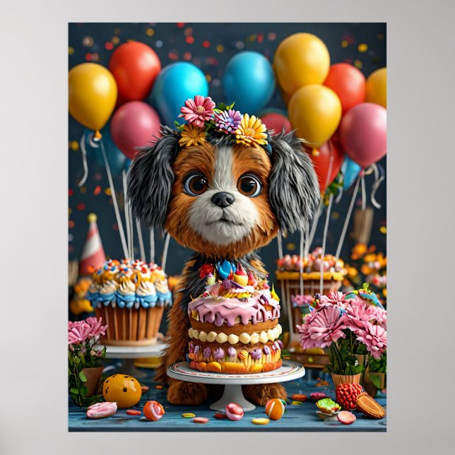 Adorable Puppy Celebrating Birthday Poster (Front)