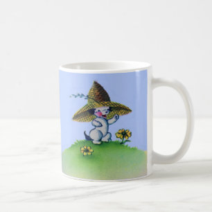 adorable puppy dog wearing big straw hat coffee mug