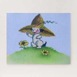 adorable puppy dog wearing big straw hat jigsaw puzzle