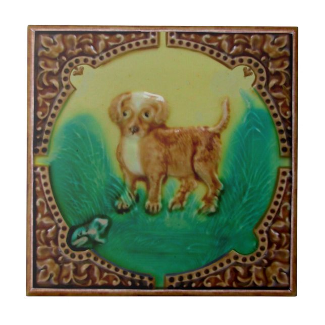 Adorable Puppy & Frog Antique Repro Faux Relief Ceramic Tile (Front)