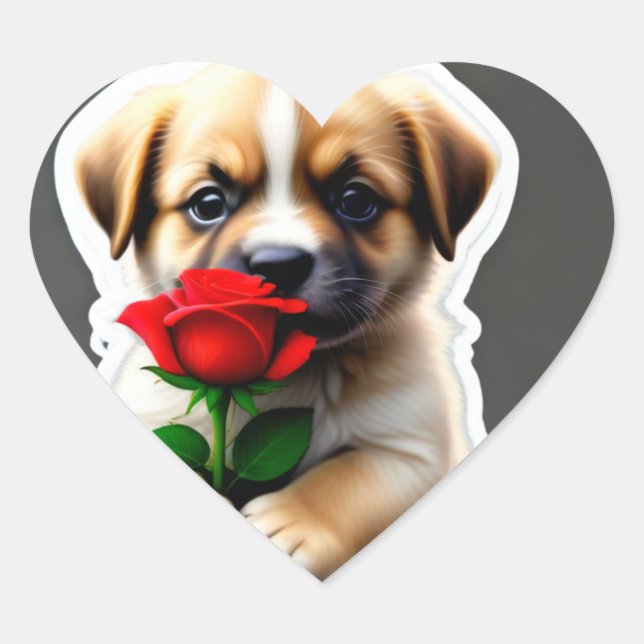 Adorable Puppy Holding a Rose Heart Sticker (Front)