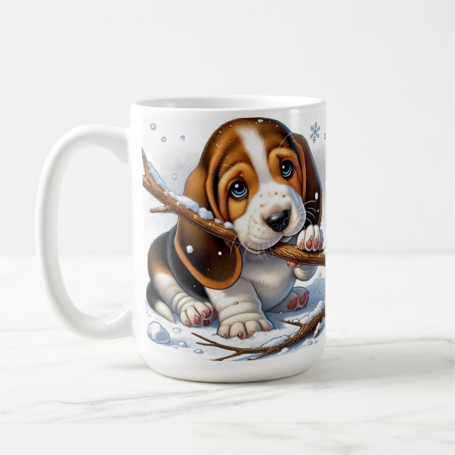 Adorable Puppy Holding a Snowy Stick Coffee Mug (Left)