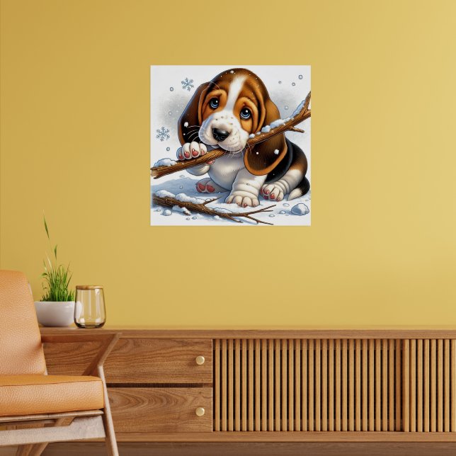 Adorable Puppy Holding a Snowy Stick Poster (Living Room 2)