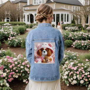 Adorable Puppy in Pink Hoodie with Teddy Bear Denim Jacket
