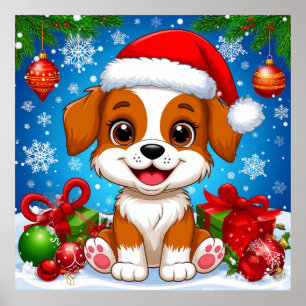 Adorable Puppy in Santa Hat With Christmas Gifts Poster