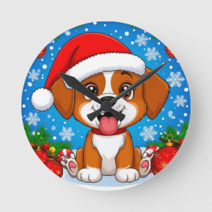 Adorable Puppy in Santa Hat With Christmas Gifts Round Clock