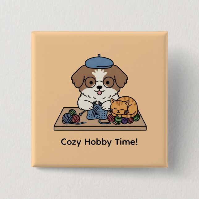 Adorable Puppy Knitting with Friend Hobby Art Pin (Front)