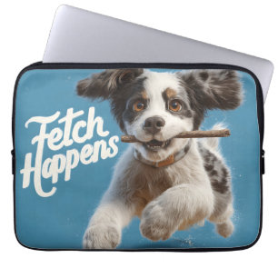 Adorable Puppy Mid-Air Running with a Stick Laptop Sleeve