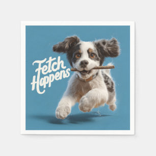 Adorable Puppy Mid-Air Running with a Stick Napkin