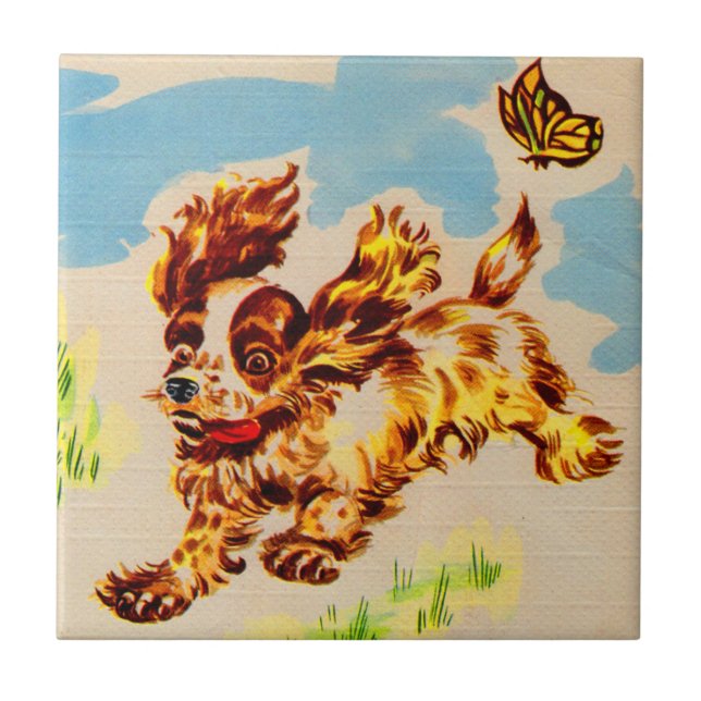 adorable puppy on the run ceramic tile (Front)