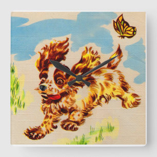 adorable puppy on the run square wall clock