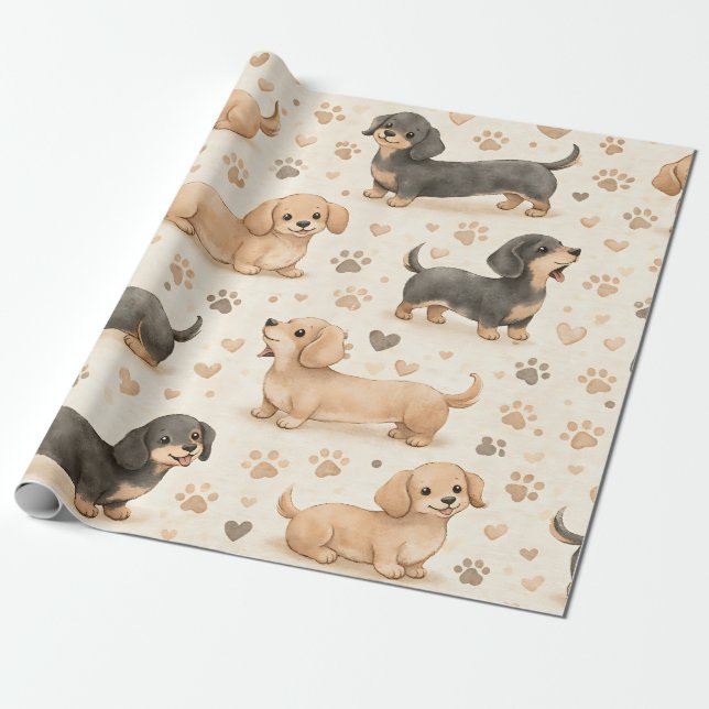 Adorable Puppy Watercolor Pattern (1) Wrapping Paper (Unrolled)