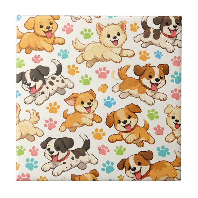 Adorable Puppy Watercolor Pattern (3) Ceramic Tile (Front)