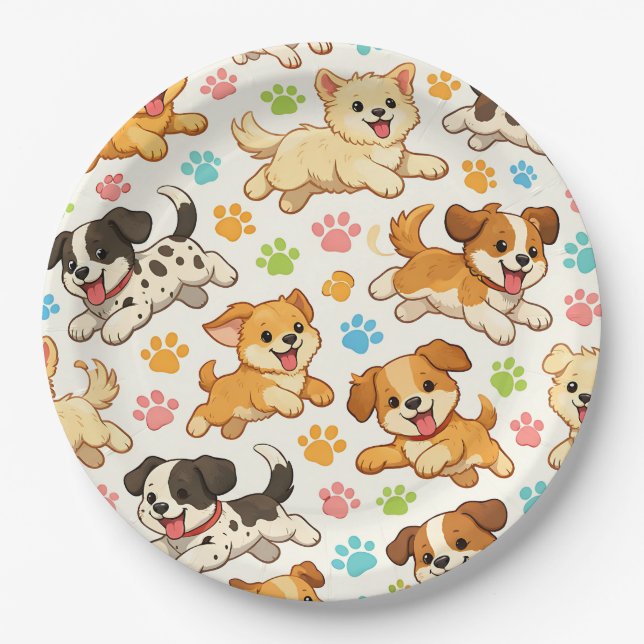 Adorable Puppy Watercolor Pattern (3) Paper Plate (Front)