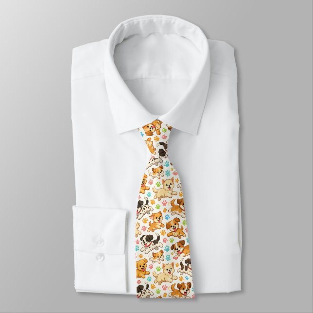Adorable Puppy Watercolor Pattern (3) Tie (Tied)