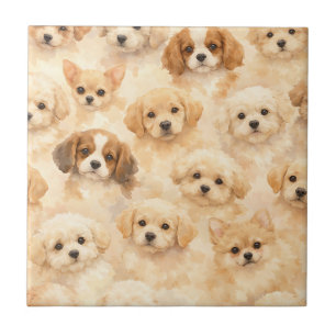 Adorable Puppy Watercolor Pattern (4) Ceramic Tile