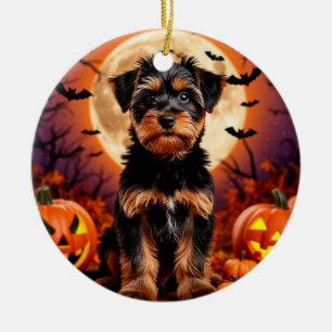 Adorable Puppy with Halloween Background Ceramic Ornament