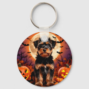 Adorable Puppy with Halloween Background Key Ring