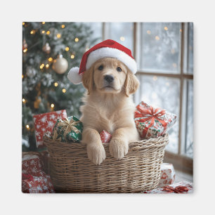 Adorable Puppy with Santa Hat in Basket  Magnet