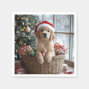 Adorable Puppy with Santa Hat in Basket Napkin