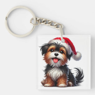 Adorable Puppy With Santa Hat Key Ring