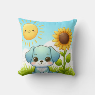 Adorable Puppy with Sunflower and Smiling Sun Cushion