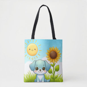 Adorable Puppy with Sunflower and Smiling Sun Tote Bag