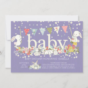 Adorable Purple Bunny Girls Baby shower Invitation