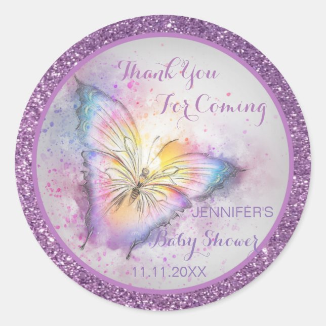 Adorable Purple Butterfly Thank You Baby Shower Classic Round Sticker (Front)