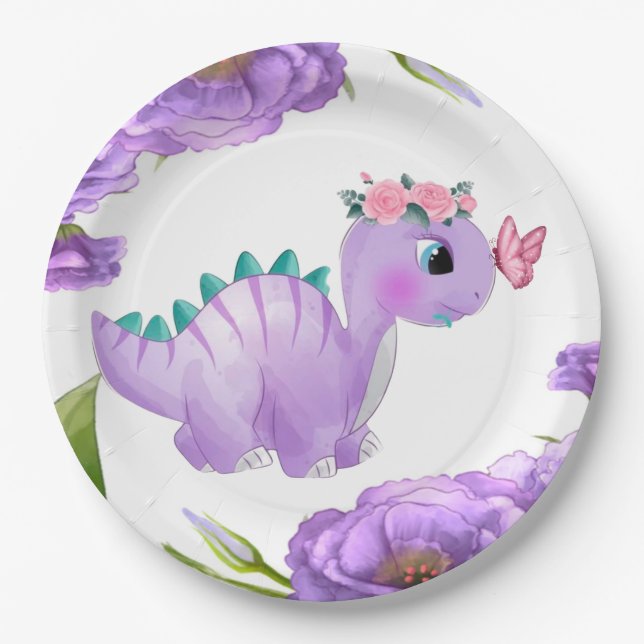 Adorable Purple Dinosaur Floral Baby Shower Paper Plate (Front)