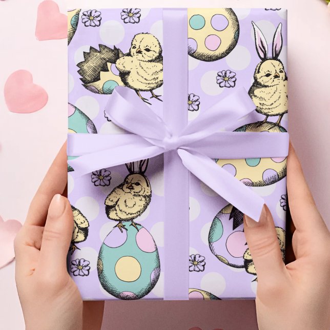 Adorable Purple Easter Chicks & Bunny Ears Wrapping Paper (Creator Uploaded)