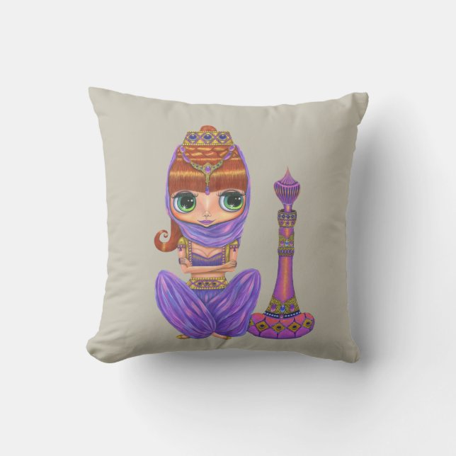Adorable Purple Genie Girl Big Green Eyes Cushion (Front)