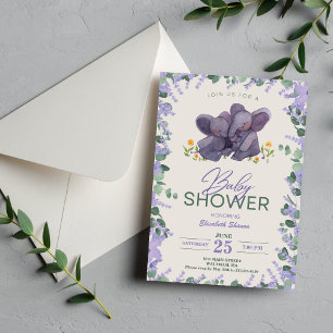 Adorable Purple & Green Floral Elephant Baby Showe Invitation