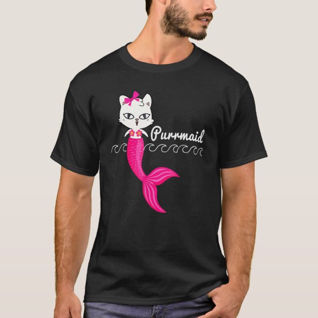 Adorable Purrmaid White Cat Cute Mermaid Beach Gir T-Shirt (Front)